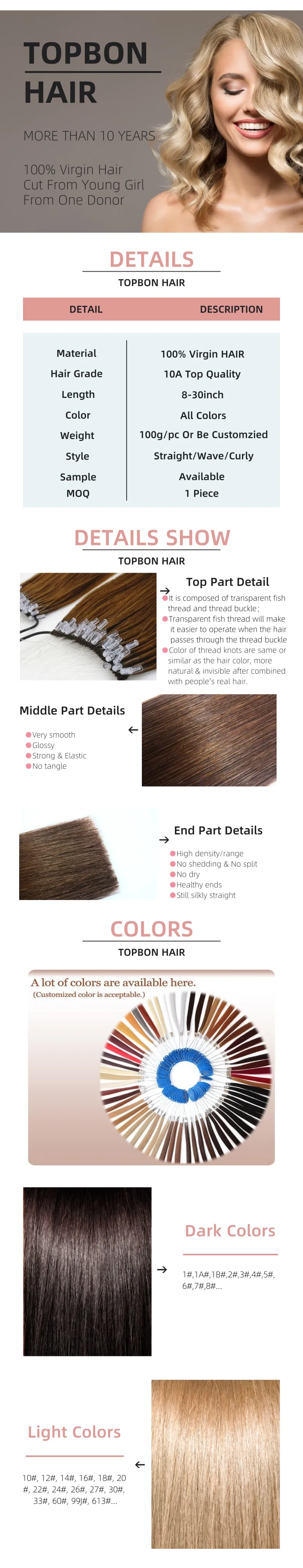 1A# Black Color Straight 22inch Easy Pull Thread Knot Hair Extension Human Hair Remy Hair Virgin Hair with Transparent Fish Silk Thread