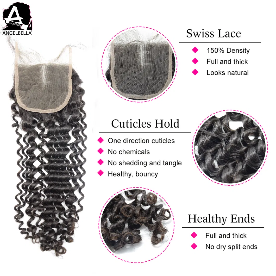 Angelbella 100 Natural Deep Wave Human Hair with 4X4 Lace Closure