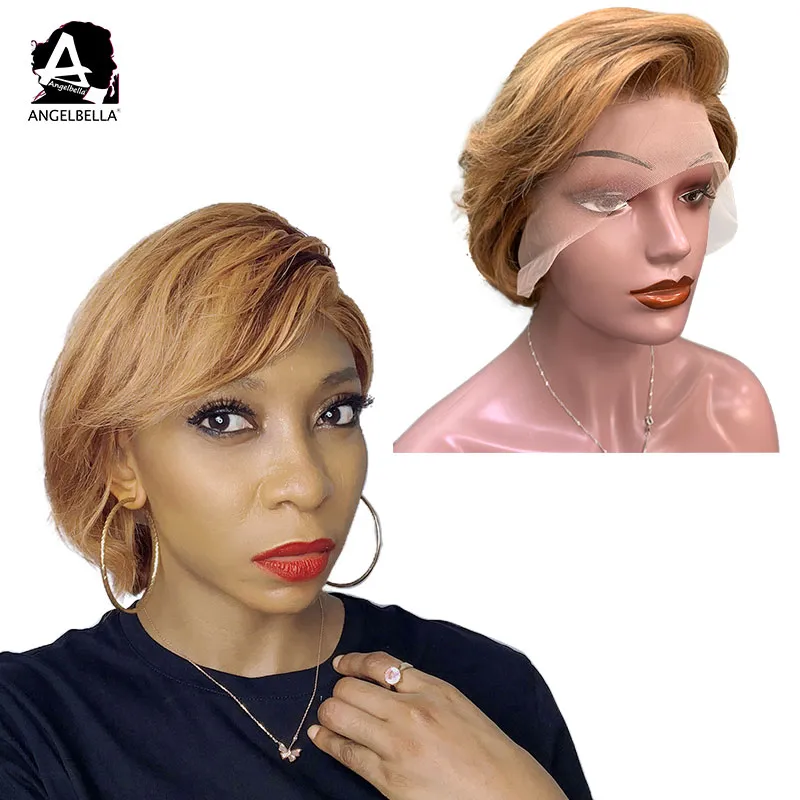 Angelbella Brazilian Human Raw Remy Hair Wigs 4/6/27# Highlight Short Lace Front Wig 150% Density Natural Wavy 13X4 Front Lace Wigs