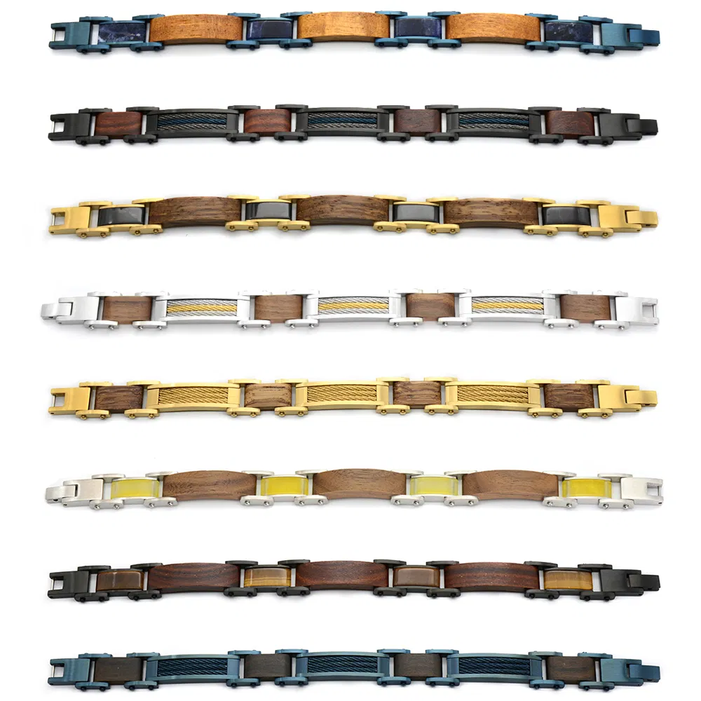 Bewell Wood Bangle Jewelry Stainless Steel and Wood Bracelet for Women Chain Women Bracelets