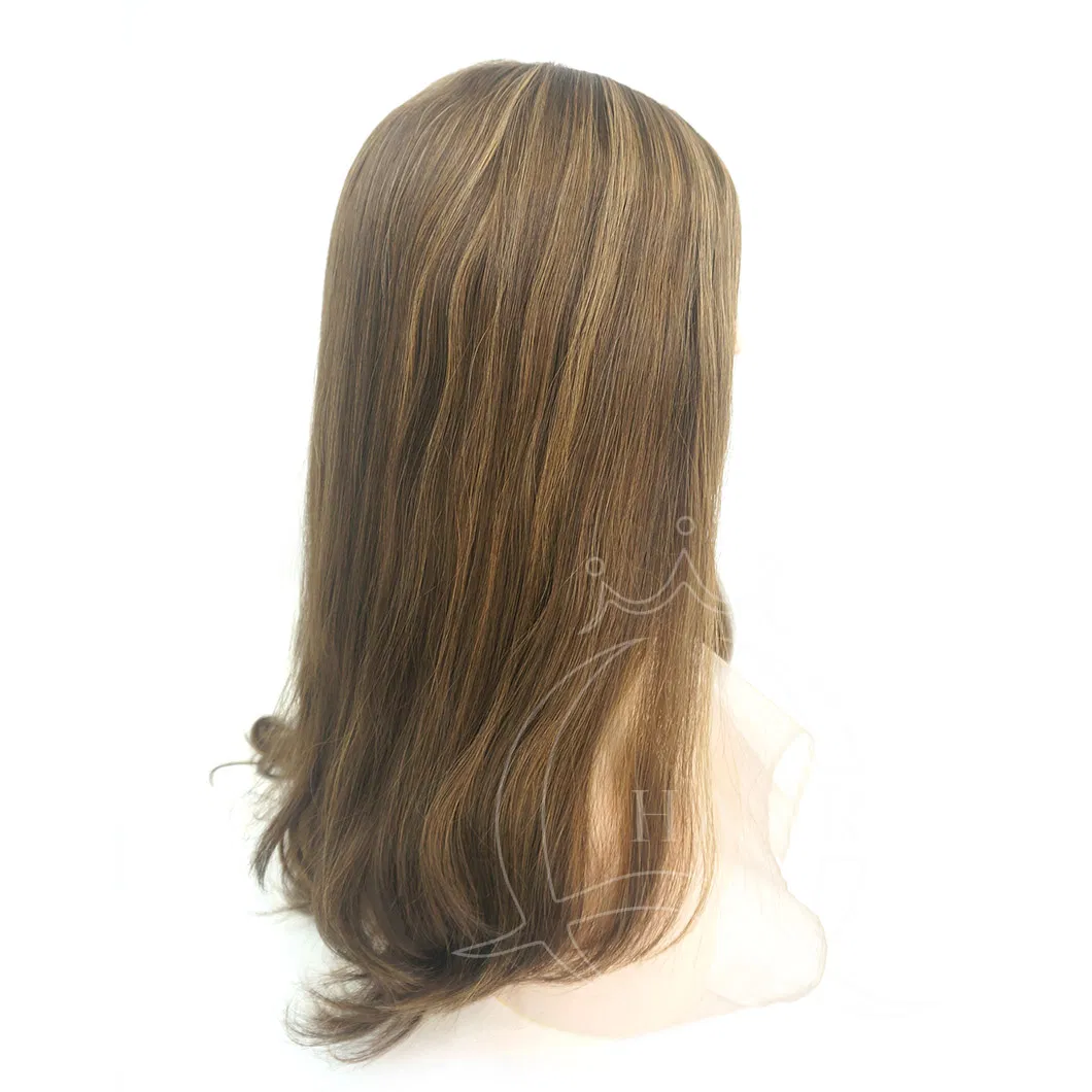 Big Layer Dark Brown Color Wig with Highlight Color Human Hair Wig Custom Wig for Israel Jewish Hasidic Women Kosher Wig Skin Top Wig Front Lace Can Be Adjust