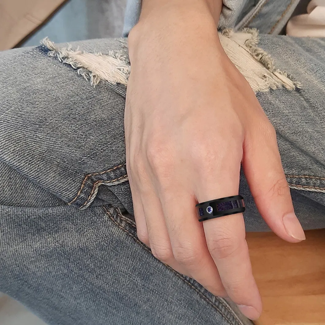 Blue and Black Tungsten Steel 8mm Men′ S Ring Single Inlaid Zircon Ring