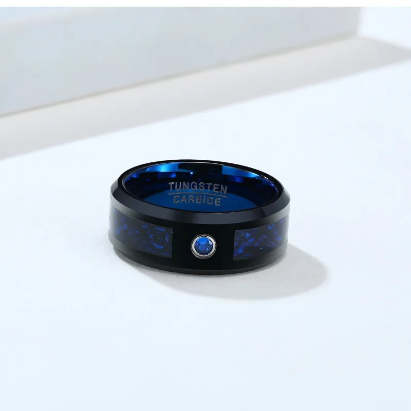Blue and Black Tungsten Steel 8mm Men′ S Ring Single Inlaid Zircon Ring