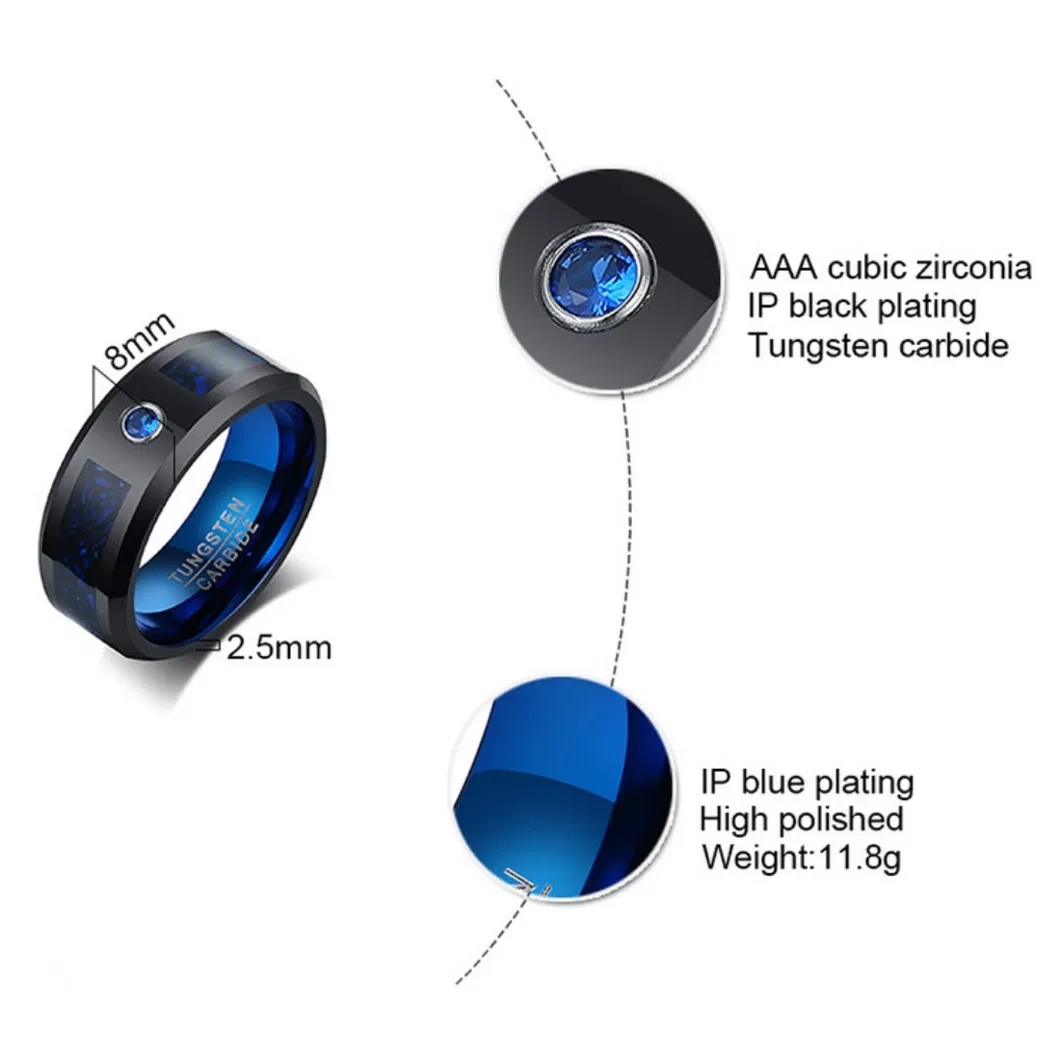 Blue and Black Tungsten Steel 8mm Men′ S Ring Single Inlaid Zircon Ring