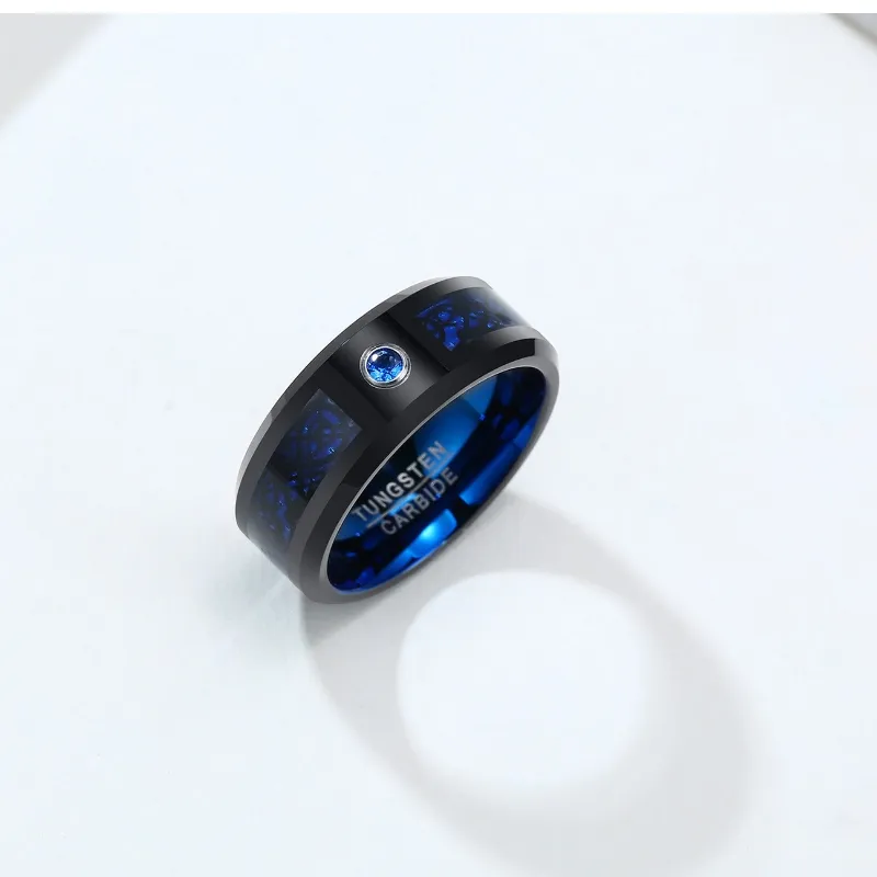 Blue and Black Tungsten Steel 8mm Men′ S Ring Single Inlaid Zircon Ring