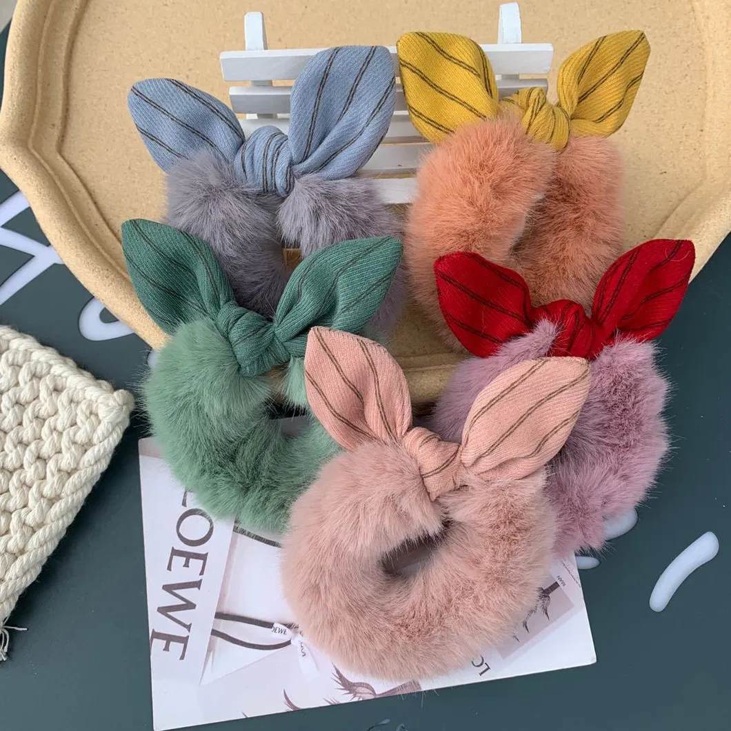 Bowknot Plush Scrunchies Hair Ties Elastics Soft Bow Knotted Rubber Bands Fur Hair Scrunchy Bobbles Ponytail Holder for Women Girls Thick Hair