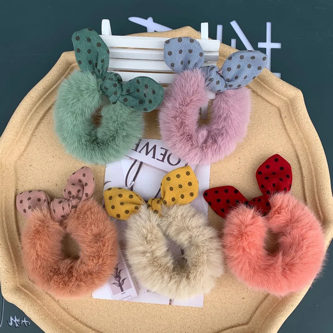 Bowknot Plush Scrunchies Hair Ties Elastics Soft Bow Knotted Rubber Bands Fur Hair Scrunchy Bobbles Ponytail Holder for Women Girls Thick Hair