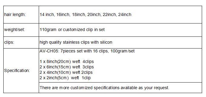 Brazilian Hair Extension Clip in Human Hair Extension 16inch 110gram Virgin Hair Extension Clip on Hair Extension (AV-CH05-16)