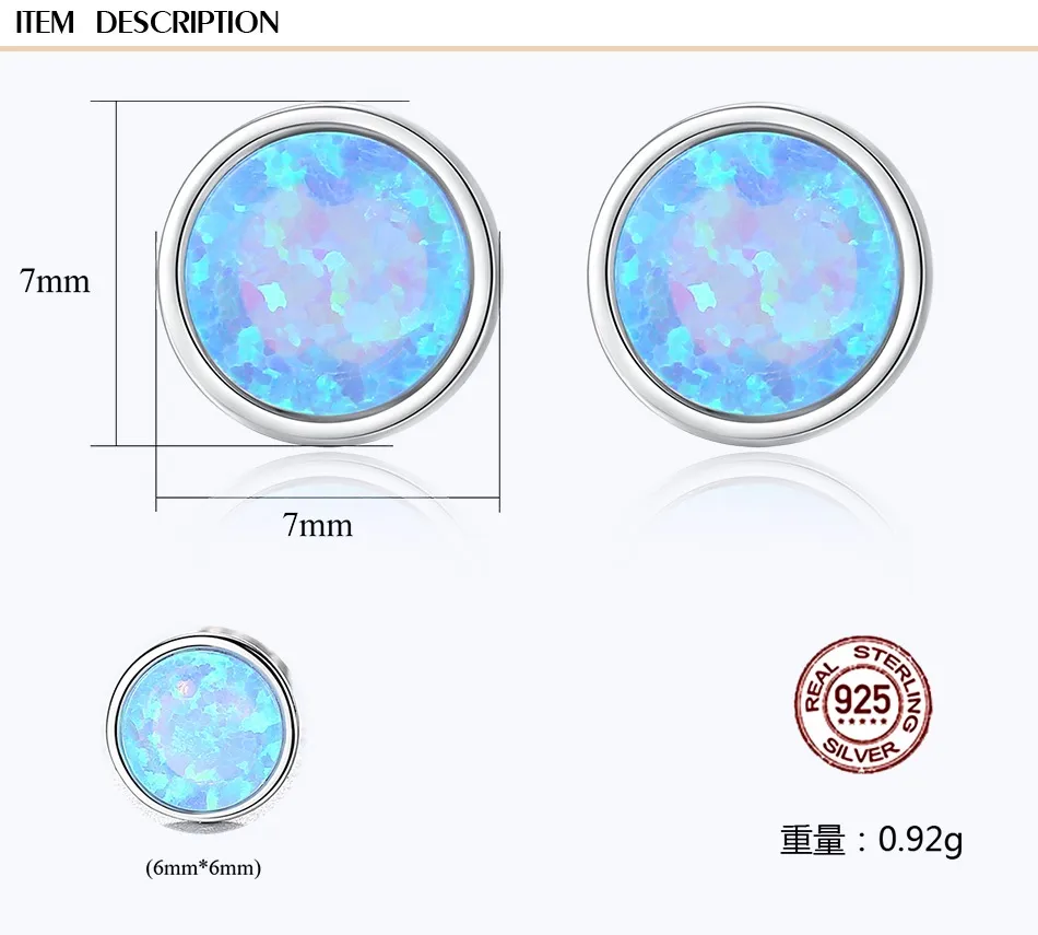 Classic Round 925 Sterling Silver Opal Stud Earrings