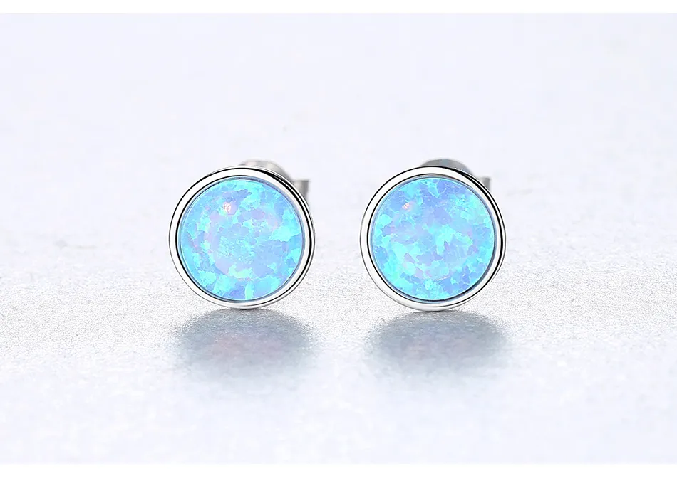 Classic Round 925 Sterling Silver Opal Stud Earrings