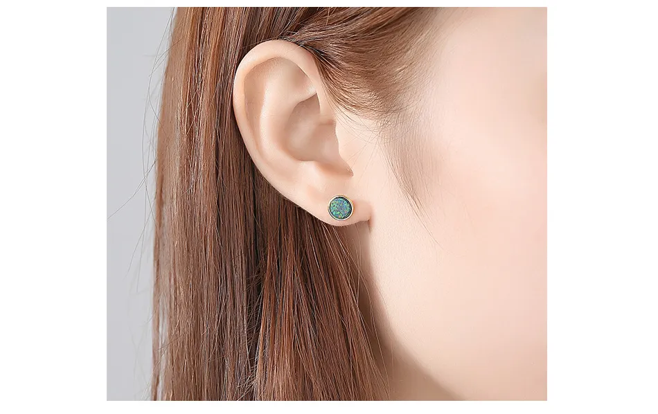 Classic Round 925 Sterling Silver Opal Stud Earrings