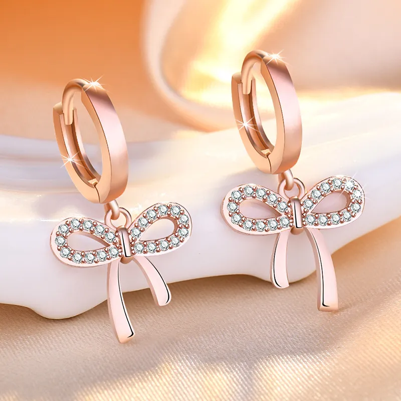 Cute Bow Ear Nail Dangle Hoop Earrings for Women Rose Gold Earring Hoops Jewelry