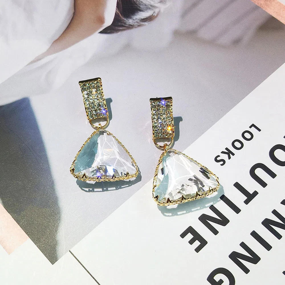 Diamante 925 Sterling Silver Geometric Triangle Crystal Stud Earrings Clear Crystal Waterdrop Stud Earrings for Girls