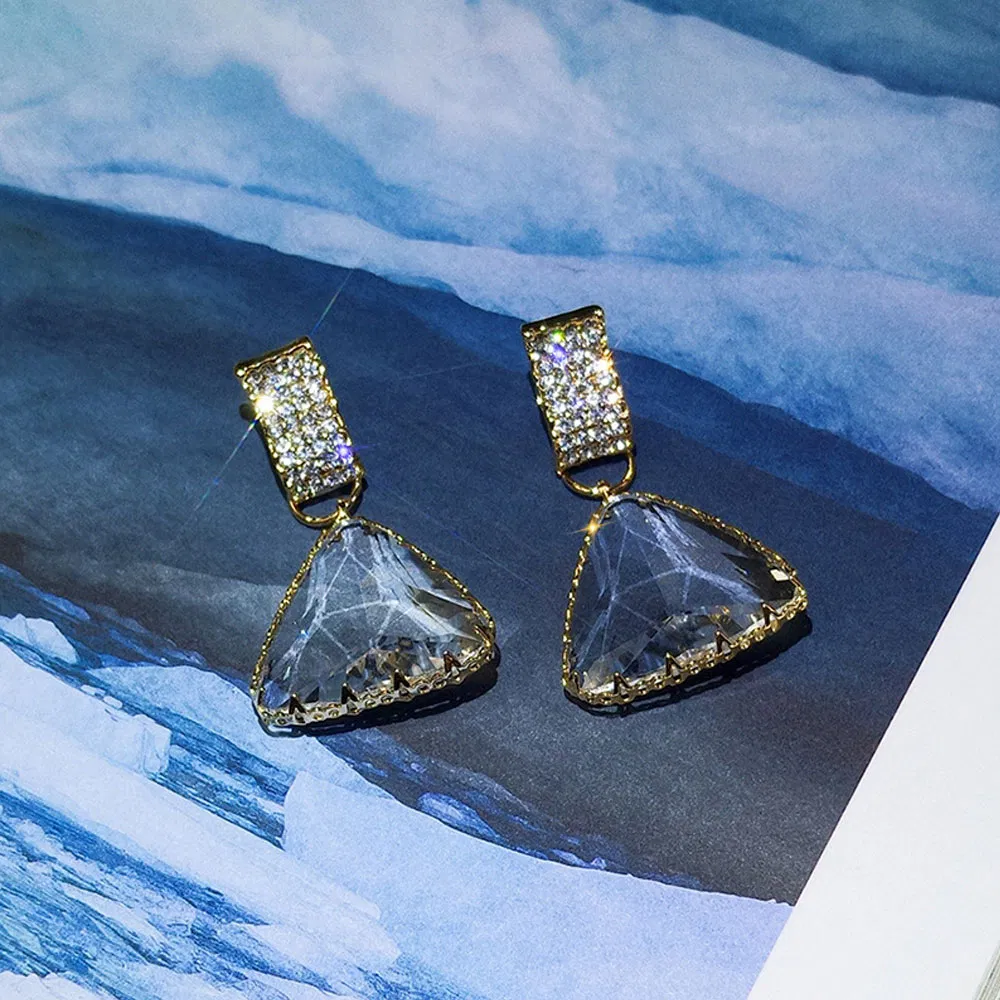 Diamante 925 Sterling Silver Geometric Triangle Crystal Stud Earrings Clear Crystal Waterdrop Stud Earrings for Girls