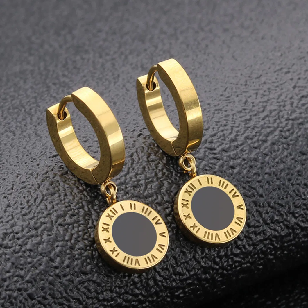 European and American New Titanium Steel Roman Numeral Symbol Earrings Stainless Steel Rose Gold Round Cake Pendant Earrings for Men Er0069