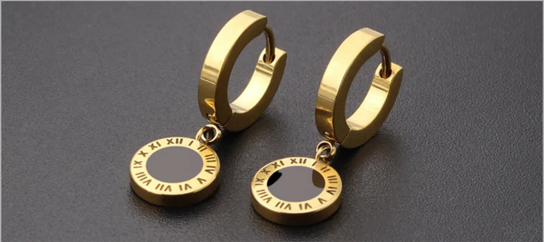 European and American New Titanium Steel Roman Numeral Symbol Earrings Stainless Steel Rose Gold Round Cake Pendant Earrings for Men Er0069