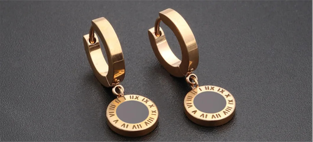 European and American New Titanium Steel Roman Numeral Symbol Earrings Stainless Steel Rose Gold Round Cake Pendant Earrings for Men Er0069