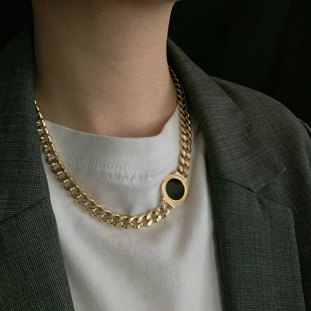 European Hip Hos Gold Plated Chunky Cuban Link Chain Necklace Stainless Steel Black Coin Pendant Necklace