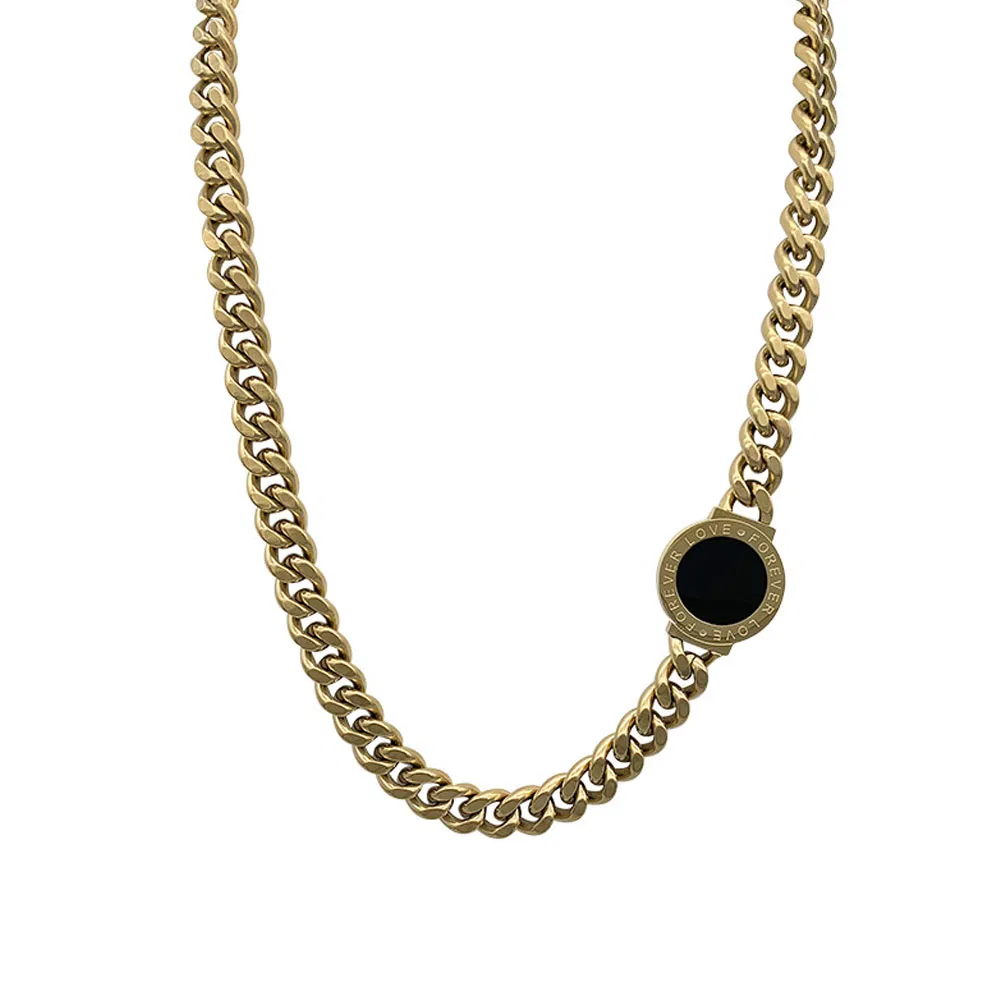 European Hip Hos Gold Plated Chunky Cuban Link Chain Necklace Stainless Steel Black Coin Pendant Necklace