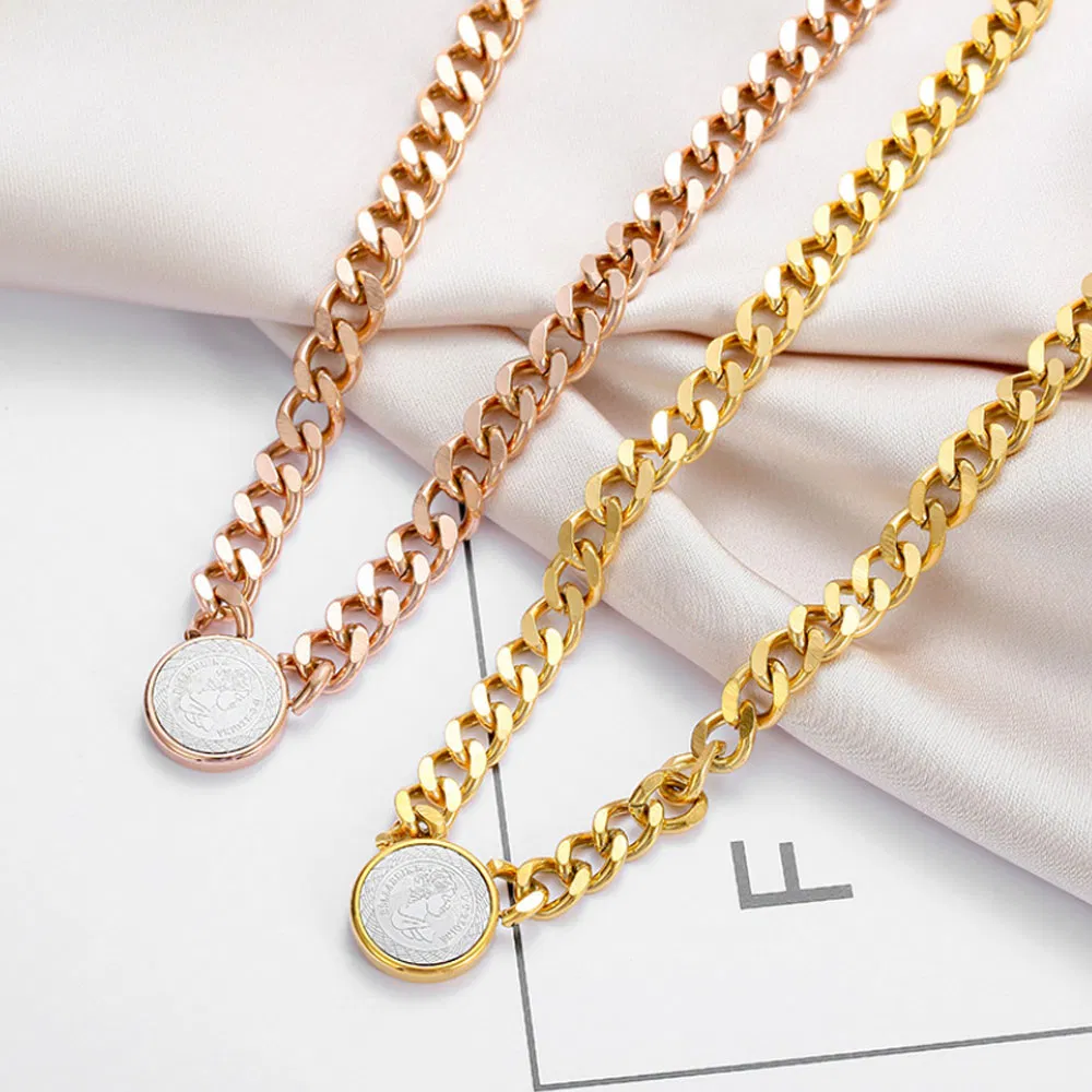 European Hip Hos Gold Plated Chunky Cuban Link Chain Necklace Stainless Steel Black Coin Pendant Necklace