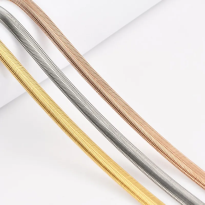 Fashion  Switch with Lobster Clasp Necklace Anklet Hip Hop Men′s Jewelry Flat Snake with Clasp Gold Plated Stainless Steel 18inch