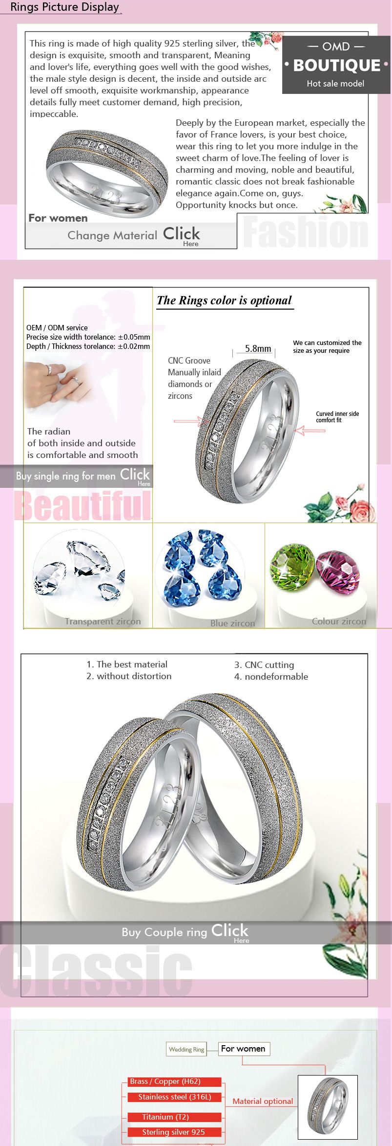 Fashion 925 Silver Ring Gold Plated Couple Lover Rings for Men and Women
