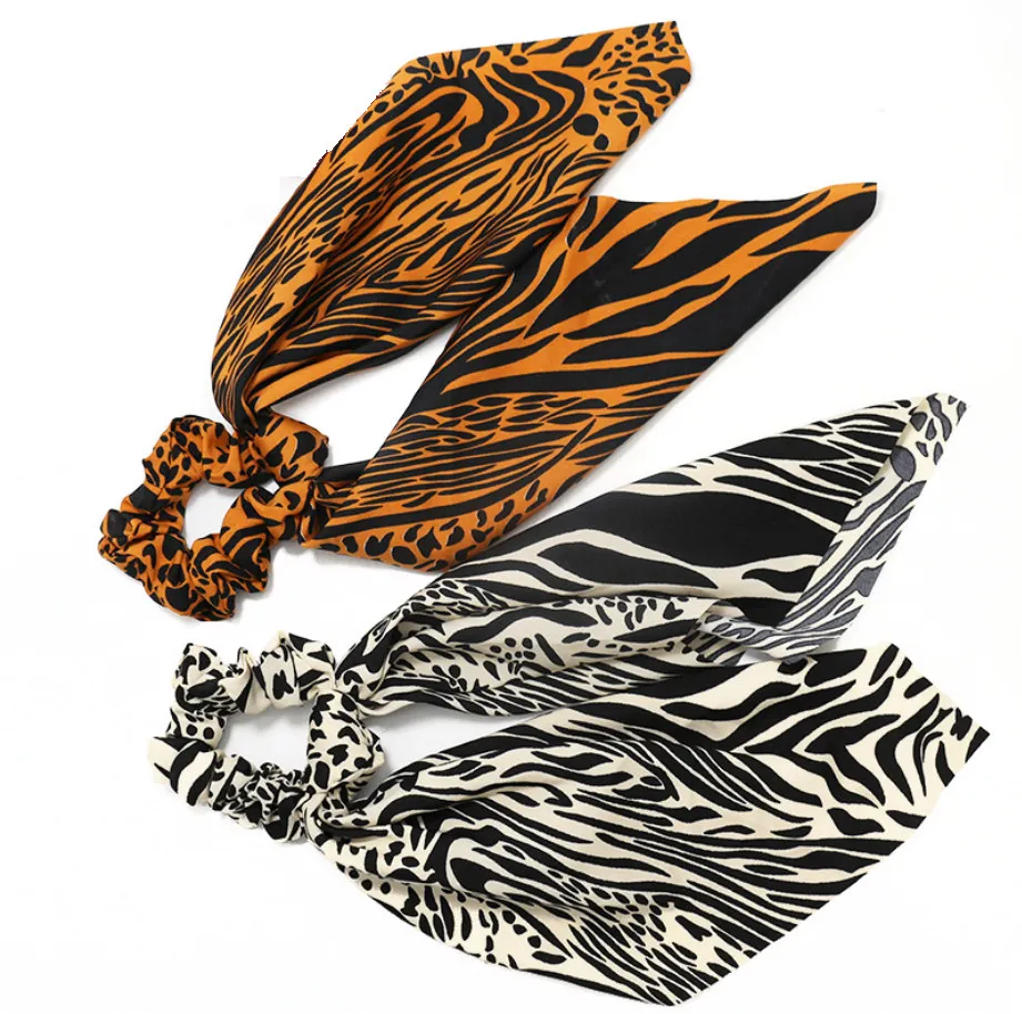 Fashion Jewelry Hair Accessories Bobbles Bowknot Leopard Satin Scarf Hair Scrunchies