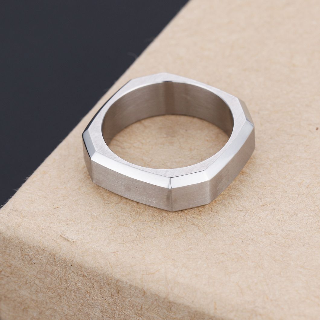Fashion Mens Simple Minimalist Geometric Faceted Stainless Steel Ring