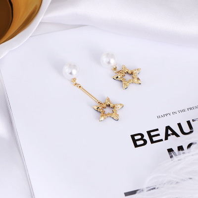 Fashion Women S 925 Silver Plated Pentagram Asymmetry Pearl Stud Earrings