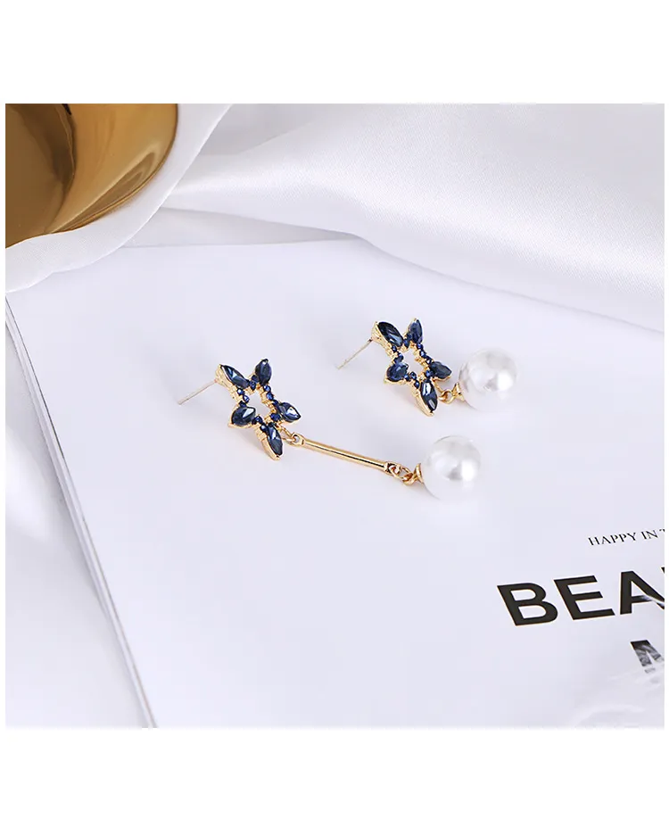 Fashion Women S 925 Silver Plated Pentagram Asymmetry Pearl Stud Earrings