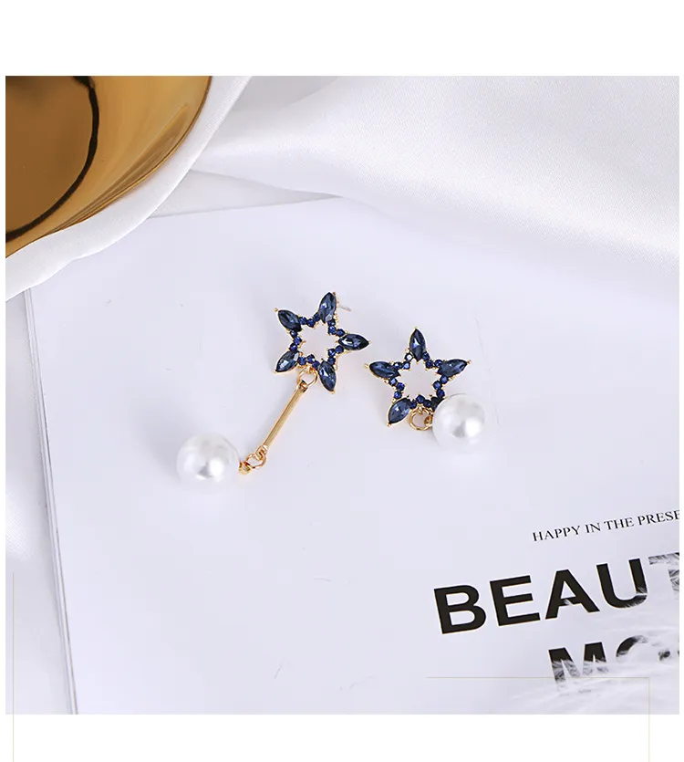 Fashion Women S 925 Silver Plated Pentagram Asymmetry Pearl Stud Earrings