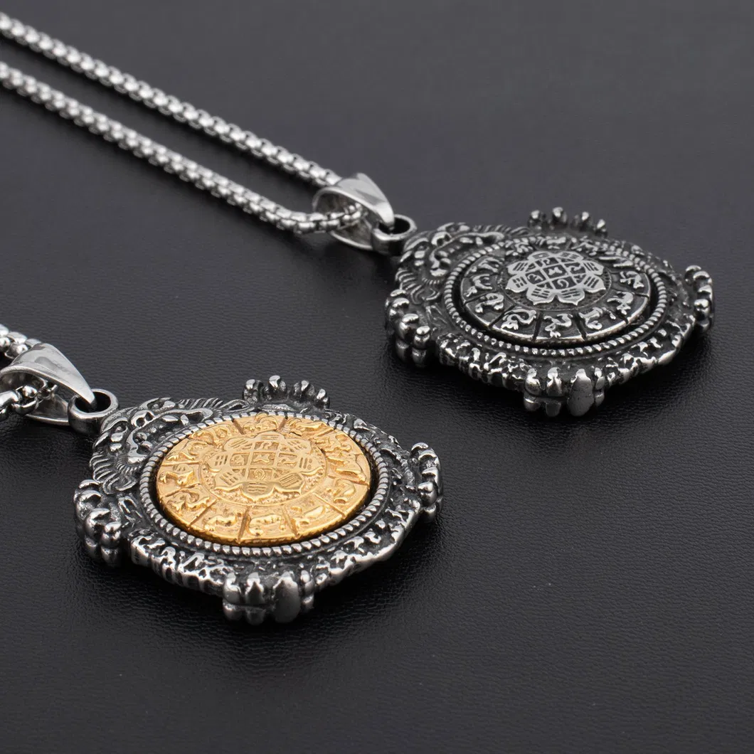 Gold-Plated Stainless Steel Round Brand Zodiac Pendant Necklace