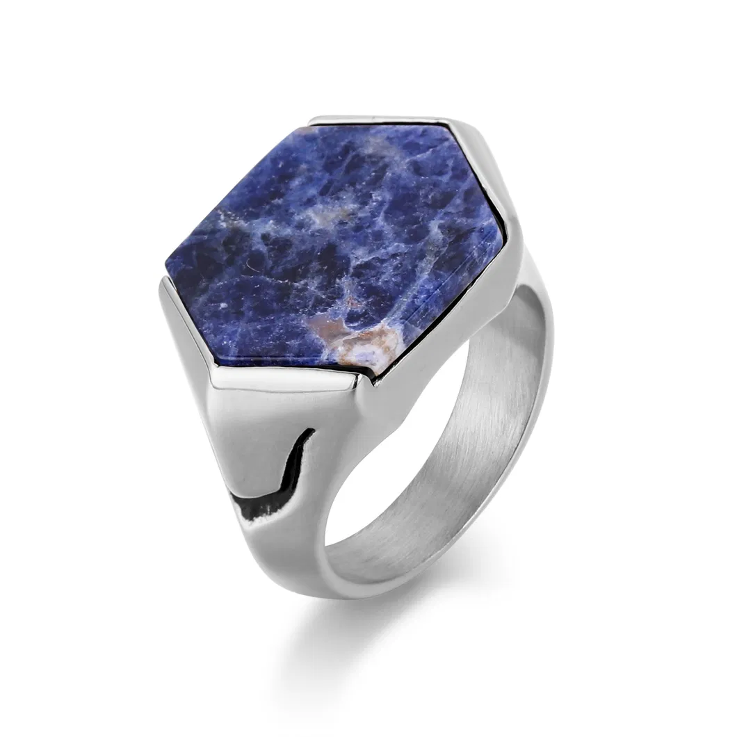Hexagon Stainless Steel Natural Stone Lapis Lazuli Black Onyx Signet Ring