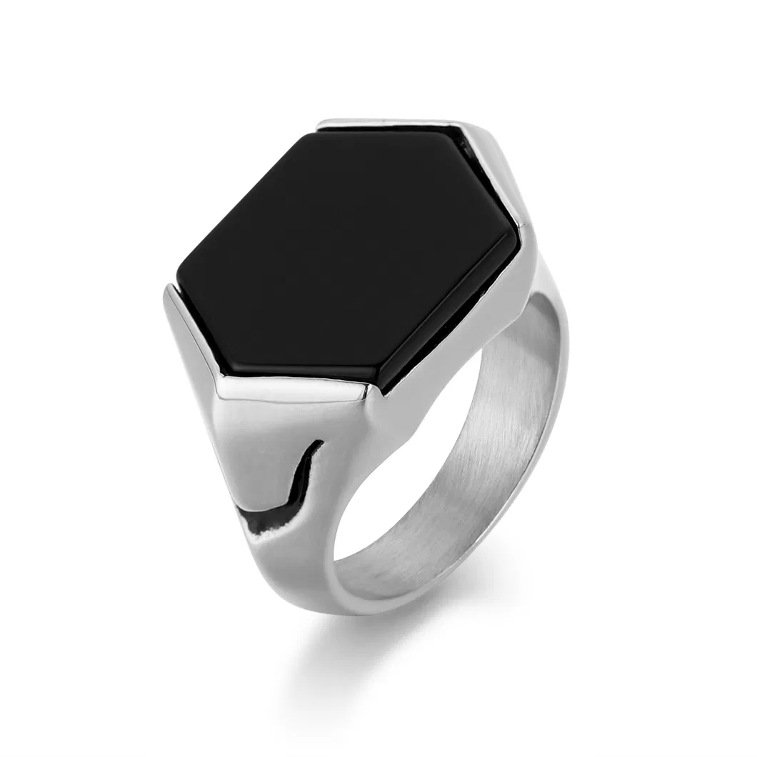 Hexagon Stainless Steel Natural Stone Lapis Lazuli Black Onyx Signet Ring