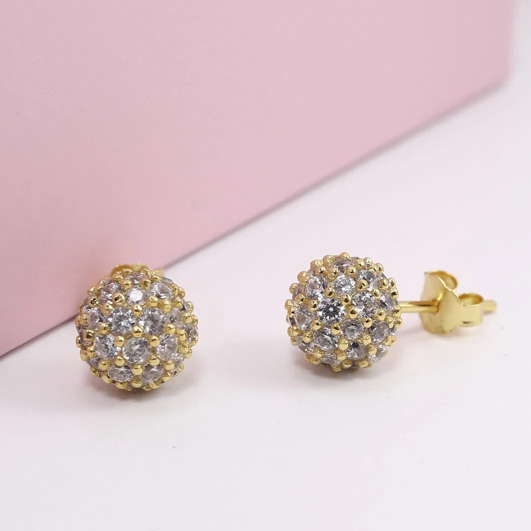 Jewelry Design 925 Silver 5A CZ Round 18K Gold Plated Earrings Women Statement Sparkle Ball Earings Stud