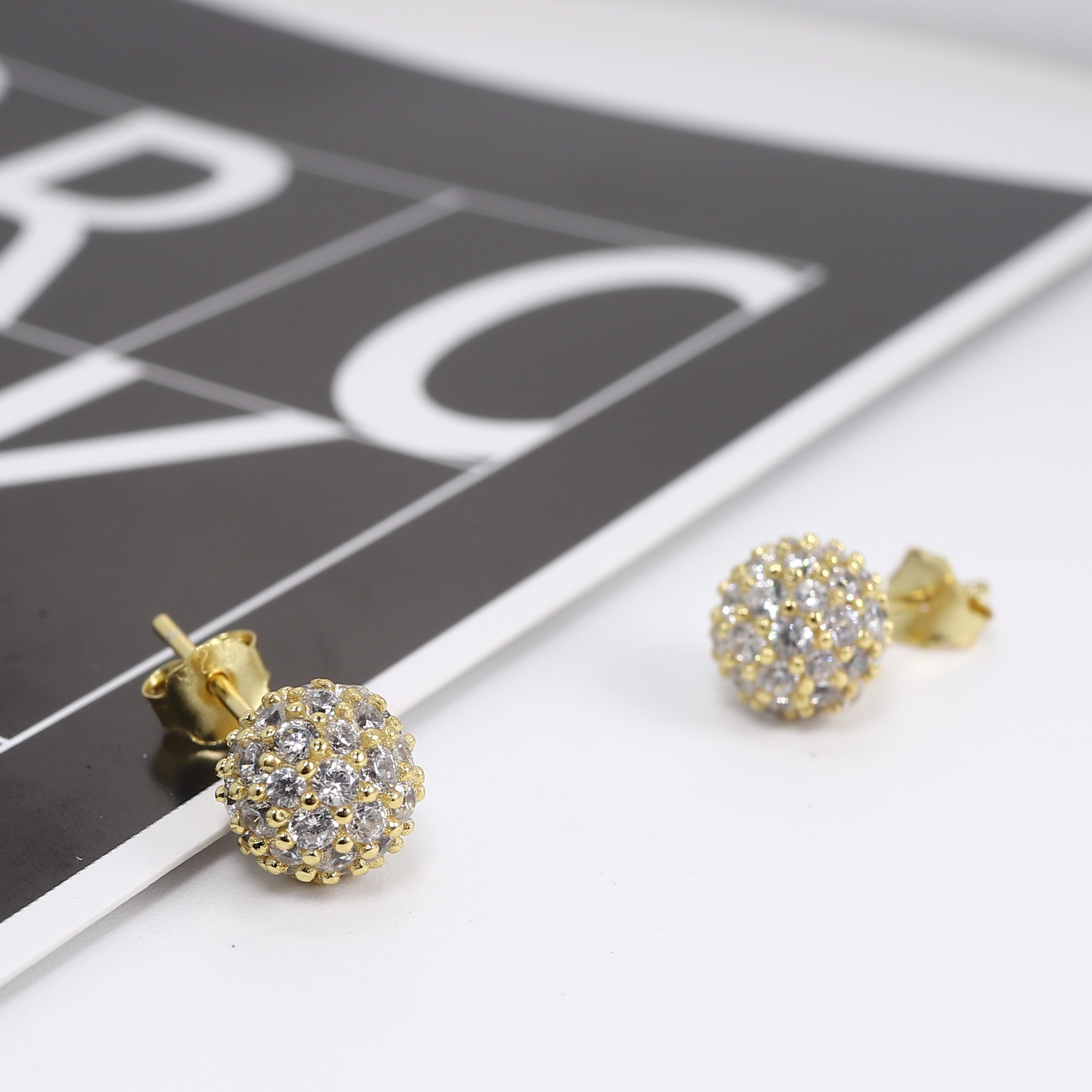 Jewelry Design 925 Silver 5A CZ Round 18K Gold Plated Earrings Women Statement Sparkle Ball Earings Stud