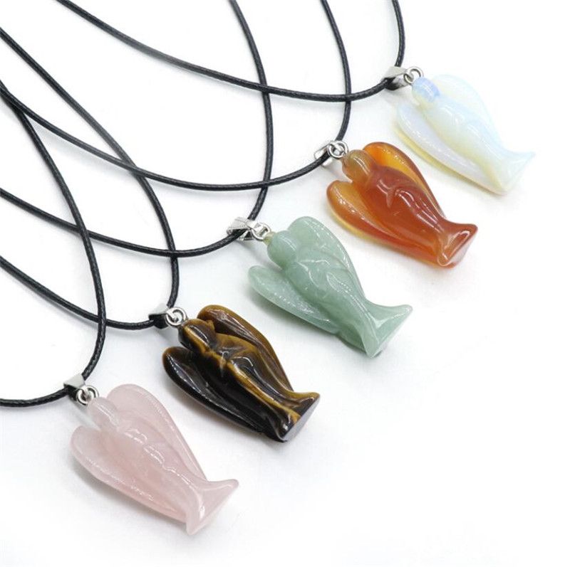 Leather Rope Crystal Agate Jade Necklace Black Leather Rope Carved Guardian Angel Necklace