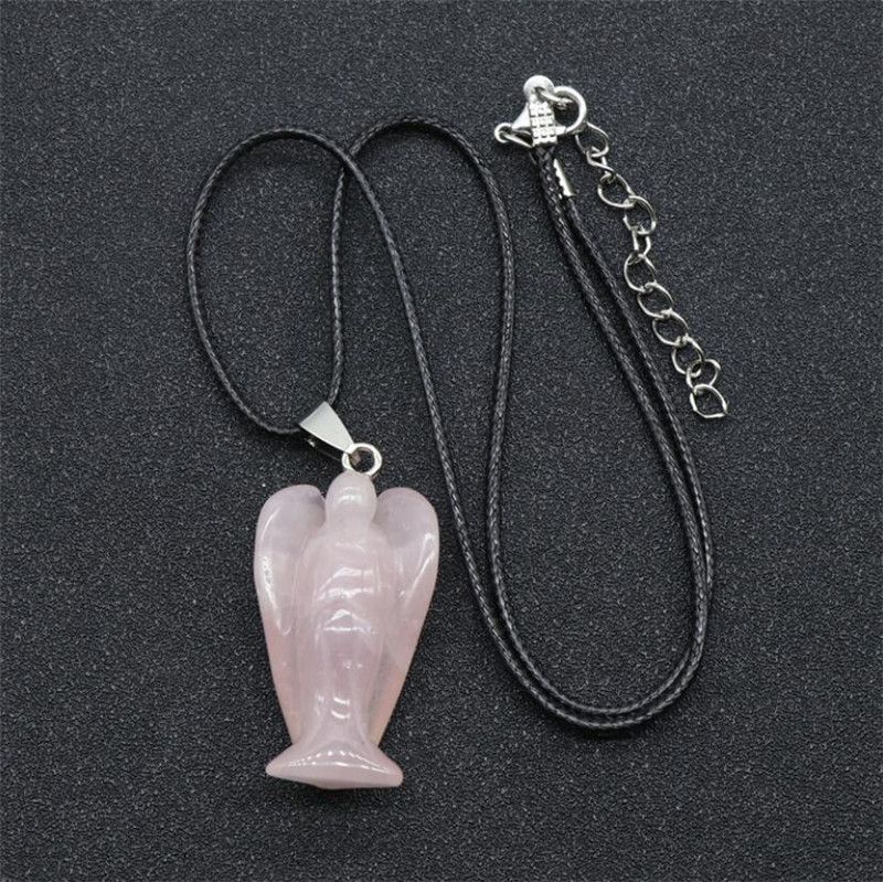 Leather Rope Crystal Agate Jade Necklace Black Leather Rope Carved Guardian Angel Necklace
