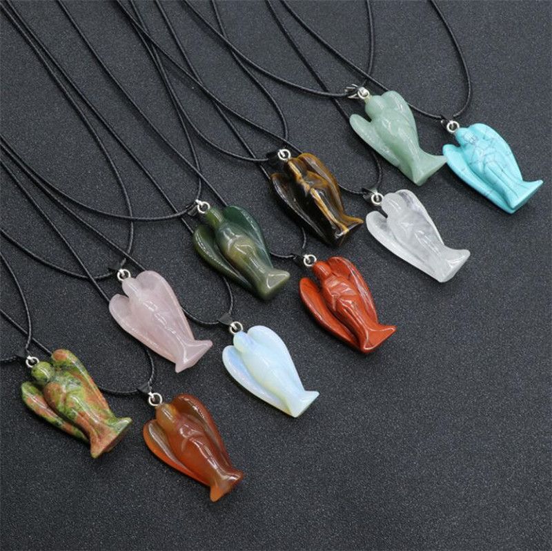 Leather Rope Crystal Agate Jade Necklace Black Leather Rope Carved Guardian Angel Necklace