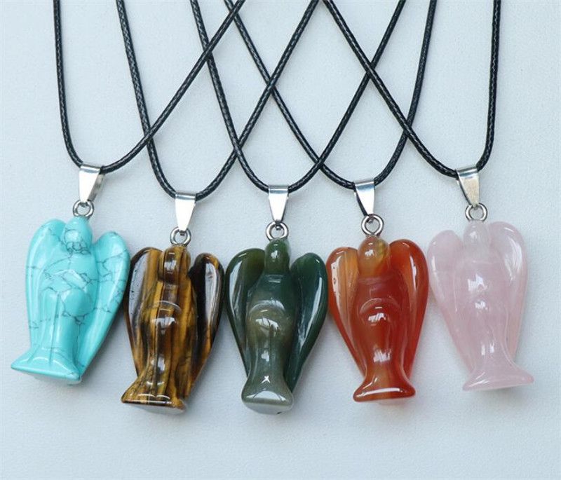 Leather Rope Crystal Agate Jade Necklace Black Leather Rope Carved Guardian Angel Necklace