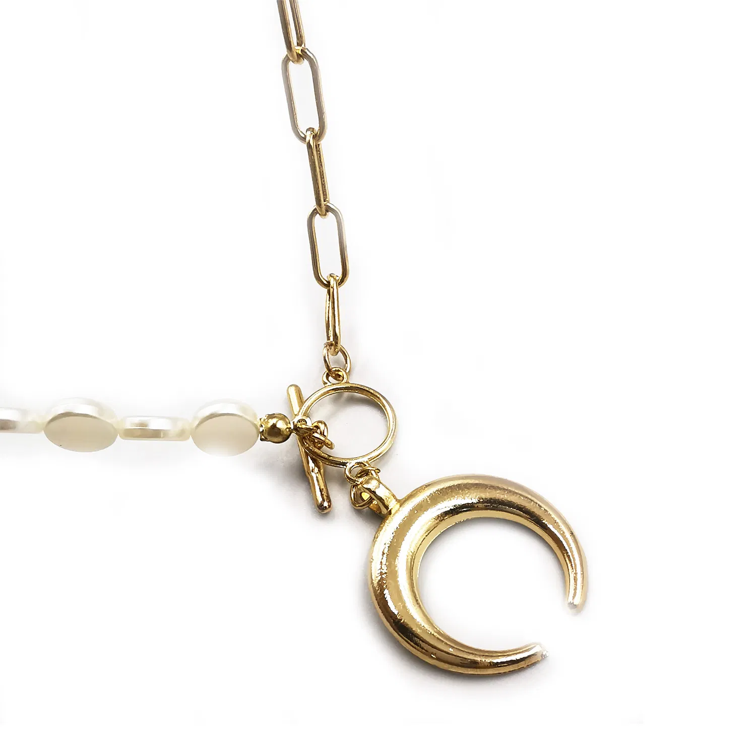 New Arrival Fashion Jewelry Metal Plat Pearl Chain Baroco Style Moon Shape Gold Plated Necklace