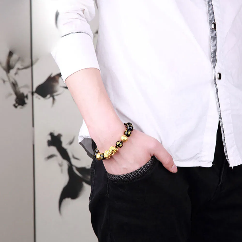 New Arrival Good Luck Wealth Jewelry Black Obsidian Beads Pixiu Bracelet Six Words Feng Shui Prosperity Pixiu Bracelet