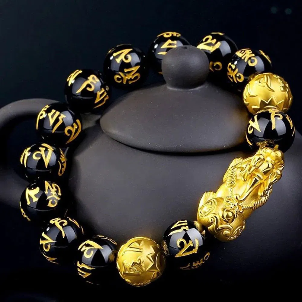 New Arrival Good Luck Wealth Jewelry Black Obsidian Beads Pixiu Bracelet Six Words Feng Shui Prosperity Pixiu Bracelet