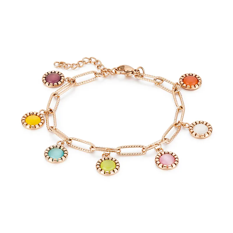 Paperclip Chain Lucky Women Girls Gold Stainless Steel Natural Stone Charm Bracelet