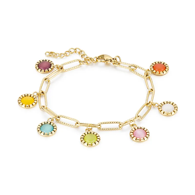 Paperclip Chain Lucky Women Girls Gold Stainless Steel Natural Stone Charm Bracelet