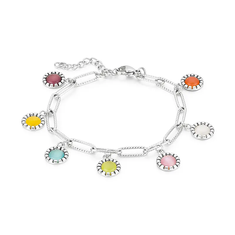 Paperclip Chain Lucky Women Girls Gold Stainless Steel Natural Stone Charm Bracelet