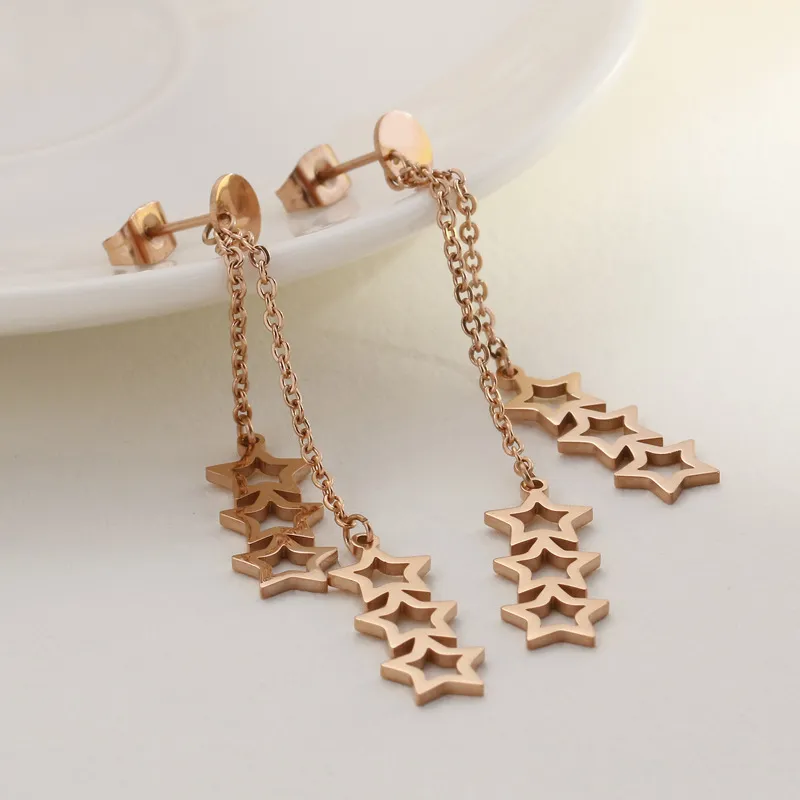 Pentagram Star Tassel Long Stainless Steel Earrings Stud