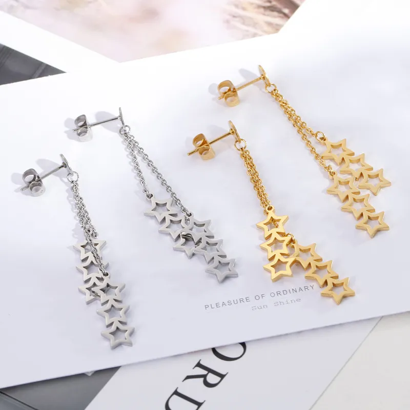 Pentagram Star Tassel Long Stainless Steel Earrings Stud