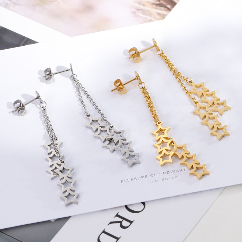 Pentagram Star Tassel Long Stainless Steel Earrings Stud