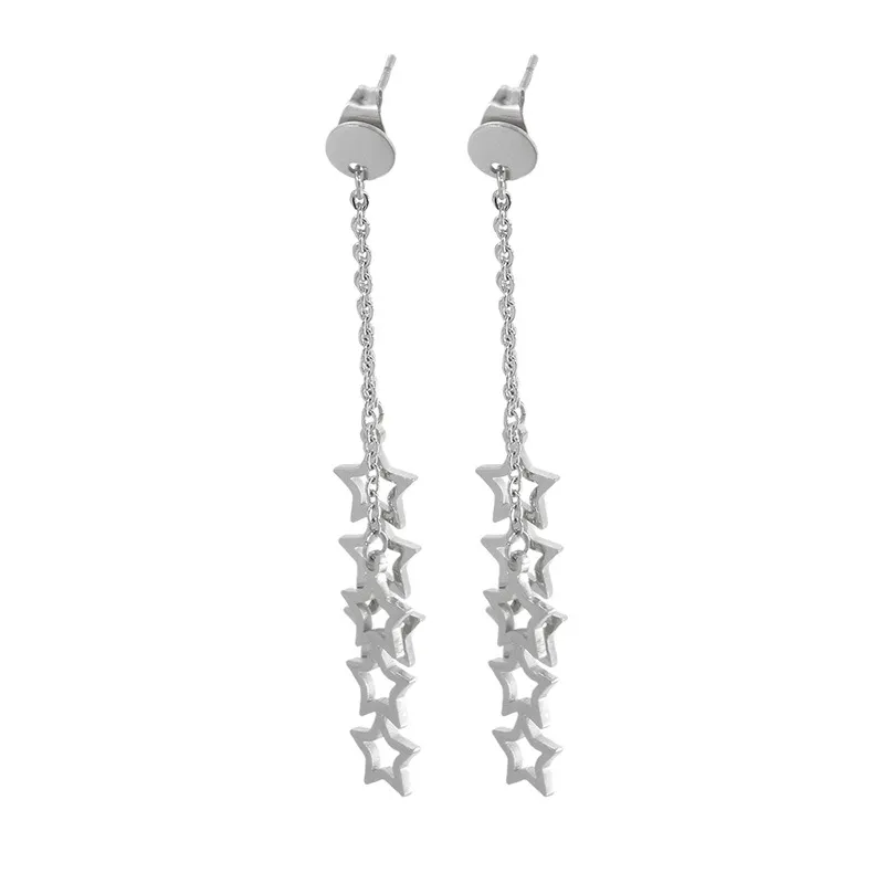 Pentagram Star Tassel Long Stainless Steel Earrings Stud
